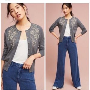 Vintage Anthro Field Flower Charcoal Cardigan with Beaded Design